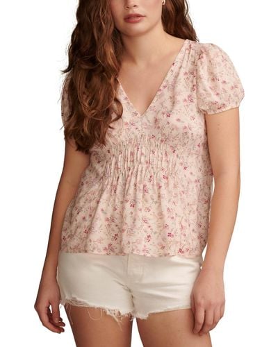 Lucky Brand Floral-print Wide-smocked Short-sleeve Top - Brown