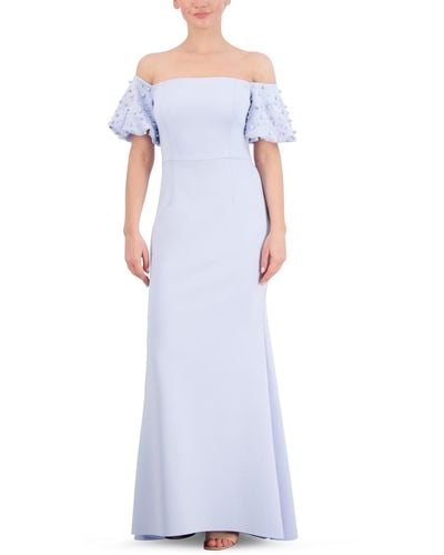 Eliza J Petite Off-the-shoulder Beaded Puff-sleeve Gown - Blue