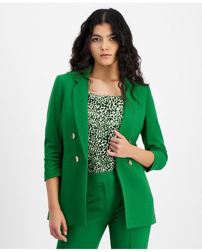 BarIII Faux Double-breasted Ruched-sleeve Blazer - Green