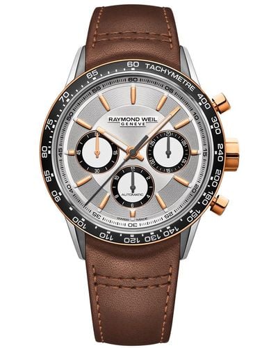 Raymond Weil Swiss Automatic Chronograph Freelancer Brown Leather Strap Watch 43.5mm