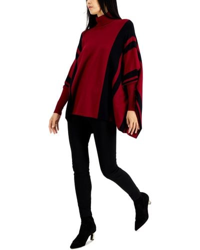 Alfani Striped Turtleneck Poncho Sweater - Red