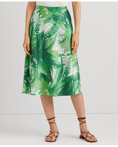 Lauren by Ralph Lauren Palm Frond-print Charmeuse Midi Skirt - Green