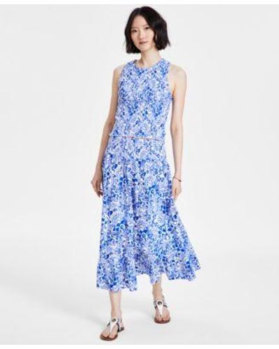 Tommy Hilfiger Floral Print Smocked Cotton Tank Top Maxi Skirt - Blue
