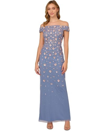 Adrianna Papell Off-the-shoulder 3-d Beaded Gown - Blue