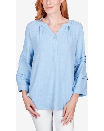 Ruby Rd. Petite Chambray Solid Clip Dot Blouse - Blue