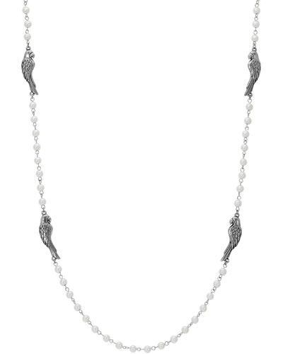 2028 Silver-tone Pewter Parrot Imitation Pearl Chain Necklace - White