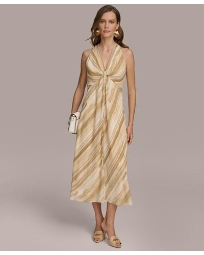 Donna Karan V-neck Sleeveless Chiffon A-line Midi Dress - Natural