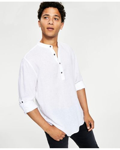INC International Concepts Regular-fit Textured Band Collar Popover Shirt, Created For Macy's - White