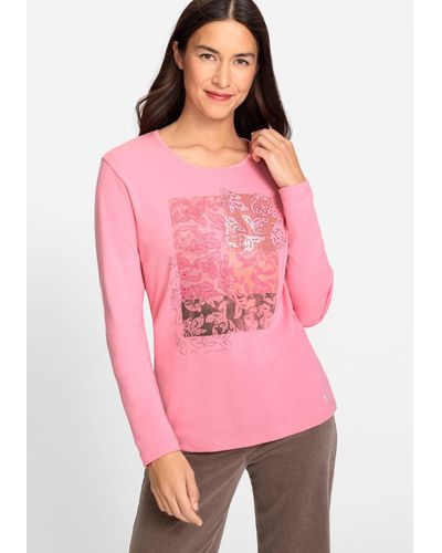 Olsen 100% Cotton Long Sleeve Placement Print T-shirt - Pink