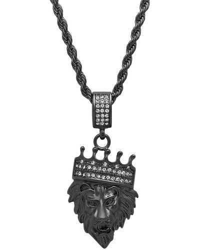 Steeltime Stainless Steel Simulated Diamond Crowned Lion's Head 30" Pendant Necklace - Black