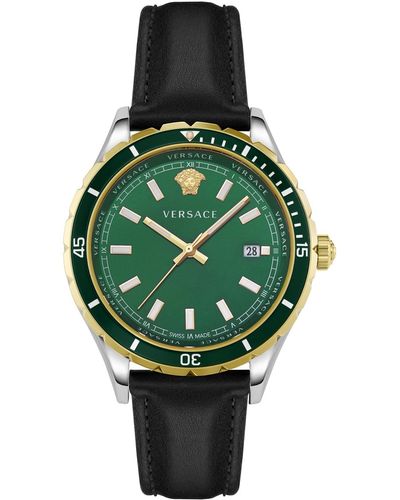 Versace Swiss Hellenyium Black Leather Strap Watch 42mm - Green