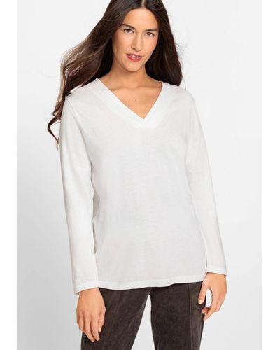 Olsen Long Sleeve Solid V-neck T-shirt - White