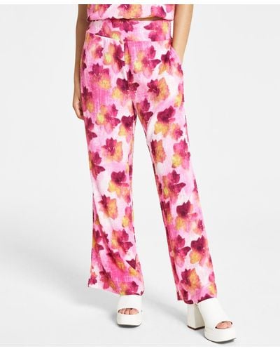 BarIII Floral-print Wide-leg Pants - Red