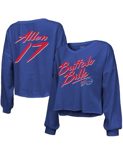 Majestic Threads Josh Allen Distressed Buffalo Bills Name And Number Off-shoulder Script Cropped Long Sleeve V-neck T-shirt - Blue