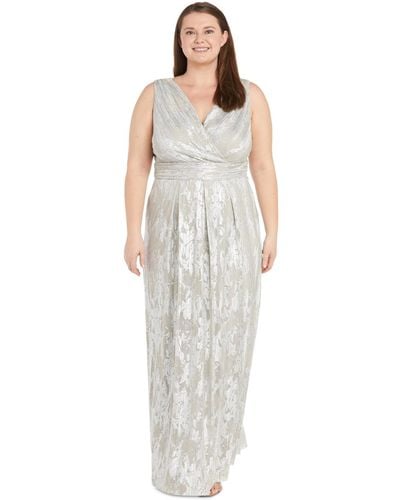 R & M Richards Plus Size Jacquard Embellished Pleated Gown - White