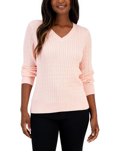 Karen Scott Cable V-neck Long Sleeve Sweater - Pink