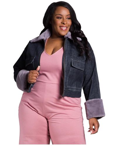 Poetic Justice Plus Size Curvy Fit Zip Up Faux Fur Trim Trucker Jacket - Pink