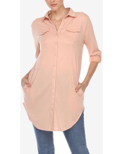 White Mark Stretchy Button-down Tunic Top - Blue