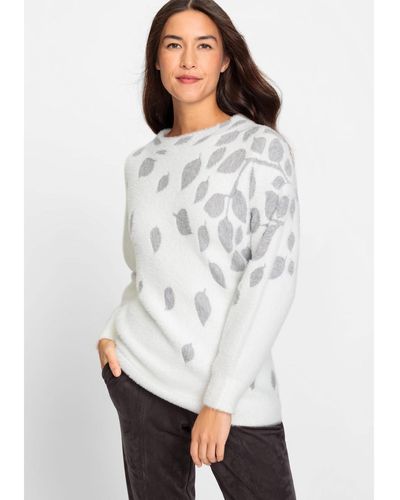 Olsen Long Sleeve Plush Pattern Boat Neck Sweater - White