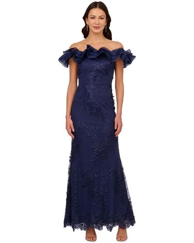 Adrianna Papell Ruffled Off-the-shoulder Mermaid Gown - Blue