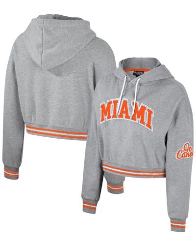 The Wild Collective Distressed Miami Hurricanes Cropped Shimmer Pullover Hoodie - Gray