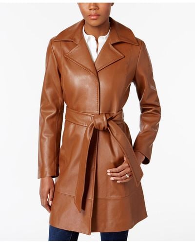 Jones New York Leather Belted Trench Coat - Brown