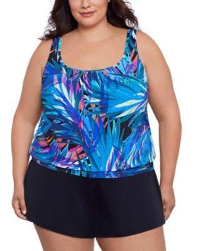 Swim Solutions Plus Size Printed Shirred Neck Blouson Tankini Swim Skirt Created For Macys - Blue
