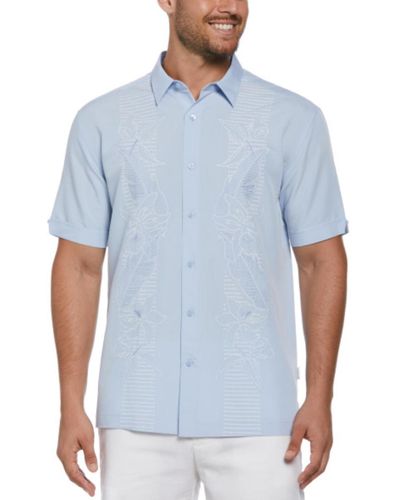 Cubavera Short Sleeve Button Front Floral Embroidered Panel Shirt - Blue