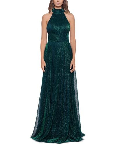 Betsy & Adam Crinkled Halter Gown - Green
