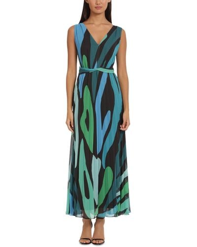 Donna Morgan Printed Pleated Maxi Dress - Green