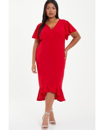 Quiz Plus Size V-neck Frill Hem Midi Dress - Red
