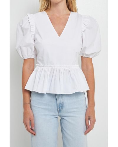 English Factory V-neckline Puff Sleeve Top - White
