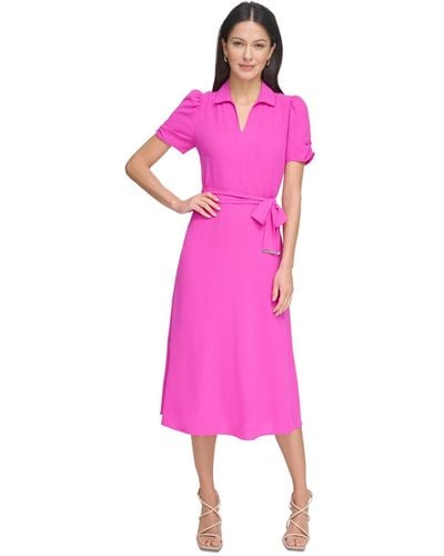 DKNY Tie-waist Point Collar A-line Dress - Pink