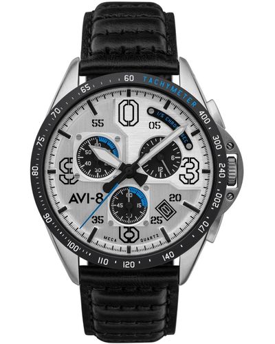 AVI-8 P-51 Mustang Blakeslee Chronograph Command Pilot Genuine Leather Strap Watch - Black