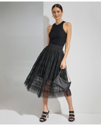 DKNY Tiered Tulle Midi Skirt - Black