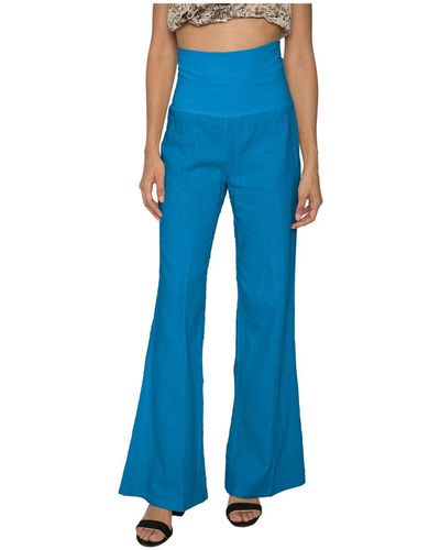 Standards & Practices Linen-cotton Wide Leg Yoga Pants With Fold-over Elastic Waist - Blue