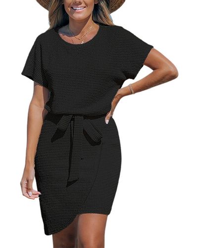 CUPSHE Round Neck Short Sleeve Mini Beach Dress - Black
