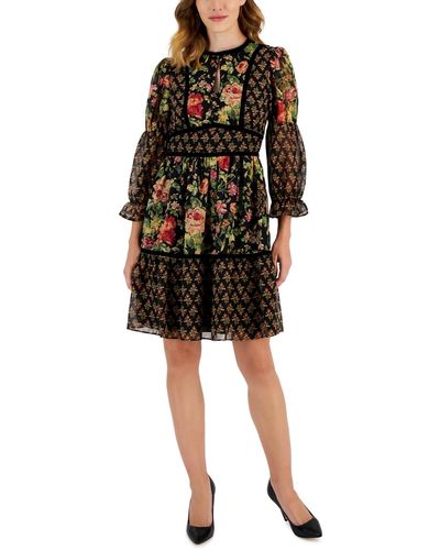 Tahari Mixed-print Velvet-trim 3/4-sleeve Dress - Black