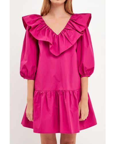 English Factory Long Sleeve V Ruffled Mini Dress - Pink