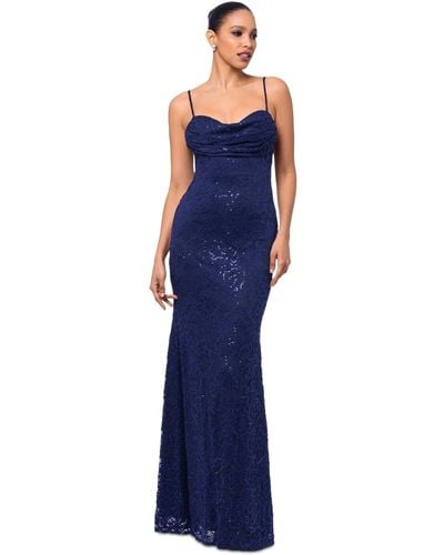 Betsy & Adam Sequin Lace Draped Sleeveless Gown - Blue