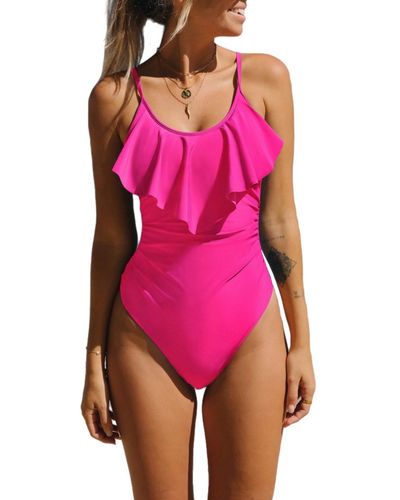 CUPSHE Scoop Ruffle Ruching One Piece Swimsuit - Pink