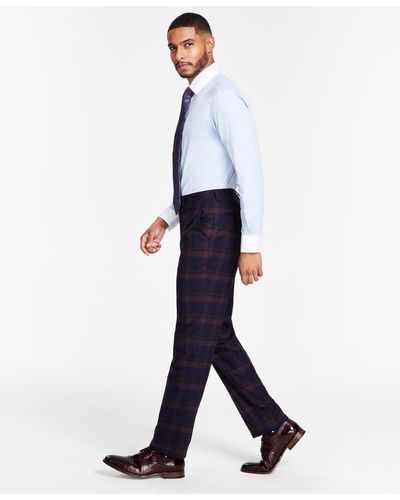 Tayion Collection Classic-fit Navy & Burgundy Plaid Suit Separates Pants - Blue