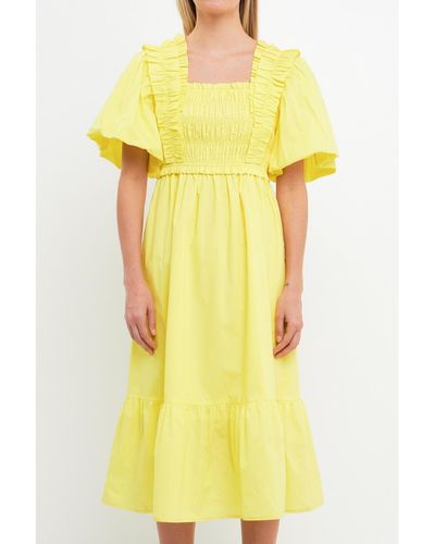 English Factory Puff-sleeved Midi Dress - Yellow