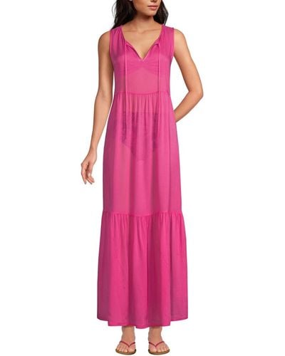 Lands' End Sheer Sleeveless Tiered Maxi Swim Cover-up Dress - Pink