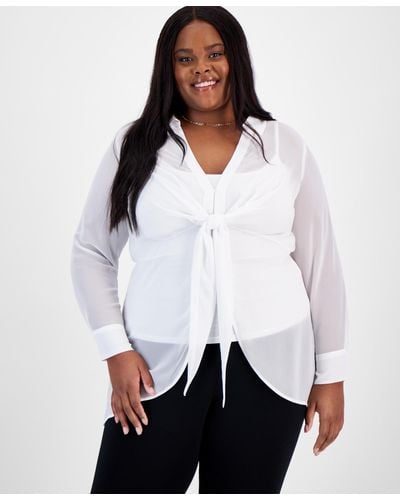 BarIII Trendy Plus Size Tie-front Long-sleeve Blouse - White
