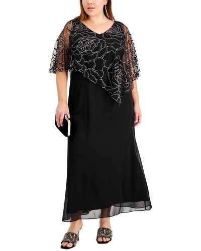 Sl Fashions Plus Size Asymmetrical Glitter Cape Gown - Black