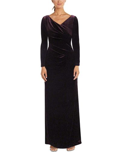 Nightway Solid Ruched Long-sleeve Velvet Dress - Black