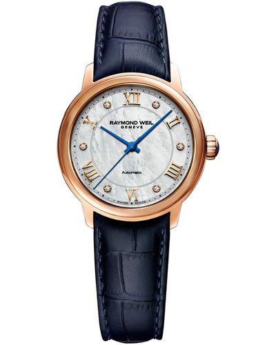 Raymond Weil Swiss Automatic Maestro Diamond Accent Blue Leather Strap Watch 31mm