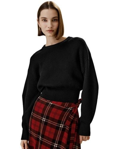 LILYSILK Round Neck Drop-shoulder Merino Wool Sweater - Black
