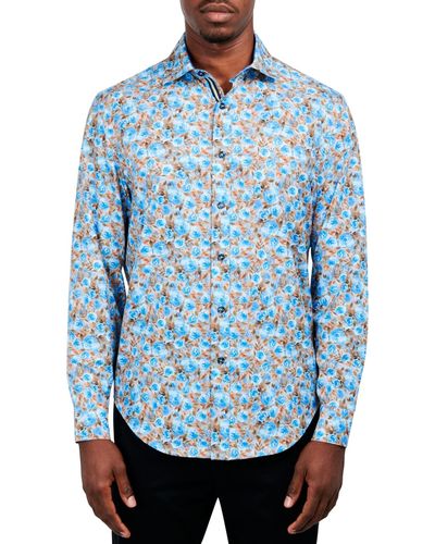 Society of Threads Slim-fit Performance Stretch Floral Print Long-sleeve Button-down Shirt - Blue